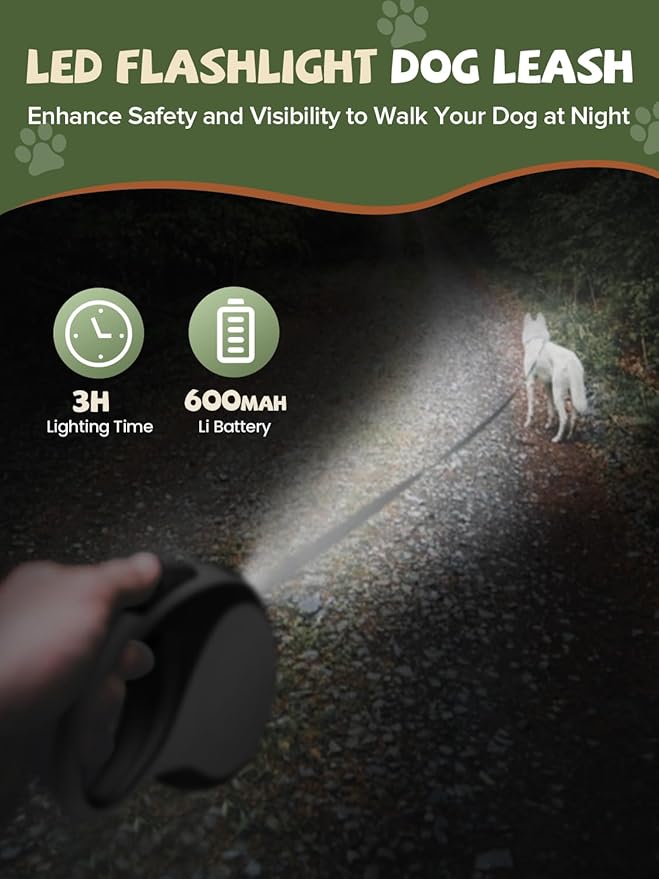 Retractable Dog Leash with Led Light, Douexio 16ft Rechargeable Walking Dog Leash for Small Medium Dogs Up to 66 lbs,360° Tangle-Free, One-Button Control, High Strength Hook