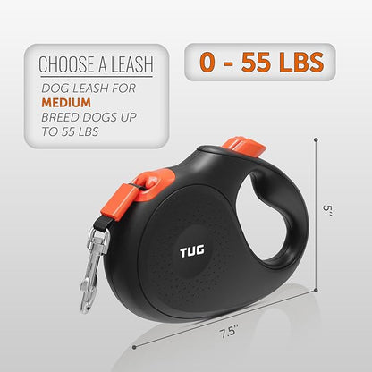 TUG 360° Tangle-Free Retractable Dog Leash | 16 ft Strong Nylon Tape (Medium, Black/Orange)