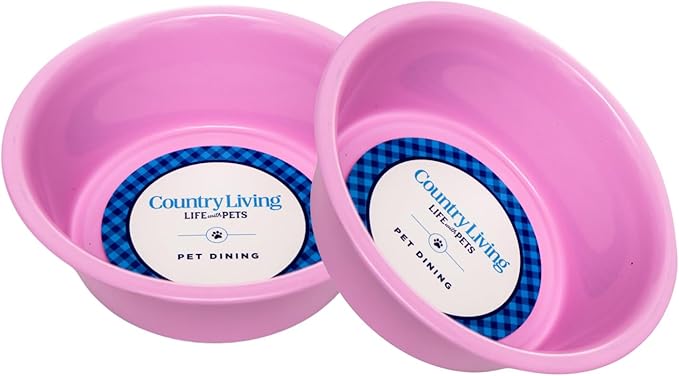 Country Living Set of 2 Non-Slip Durable Pink Powder Coated Stainless Steel Heavy Dog Bowls (32oz) - Rust Resistant, Easy to Clean, Perfect for Medium Size Breeds