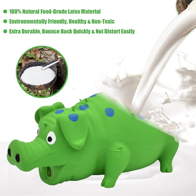 Pig Squeaky Dog Toy, 2 PCS Interactive Rubber Dog Chew Toy - Durable Latex Spot Grunting Pig Toys that Oink for Small Medium Large Dogs (Yellow, Green)