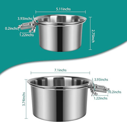 2 Pcs Large Dog Food Water Bowl for Cage with Upgraded Clamp Holder, Pet Kennel Hanging Bowls Stainless Steel Detectable Bowls Crate Feeder Dish for Large Dogs (7.1x3.7'' & 5.1x2.7'')