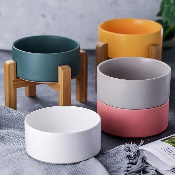 Ceramic Elevated Raised Cat Bowl with Wood Stand No Spill Pet Food Water Feeder Cats Small Dogs