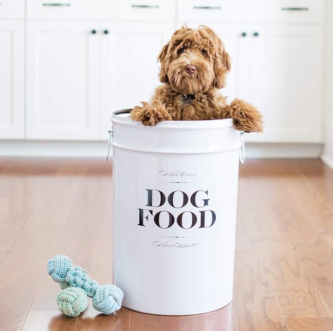 Harry Barker Bon Chien Dog Food Storage Canister – Small 3.5 gallons, Airtight Stainless Steel Pet Food Container, Stylish Kitchen Counter Dog Kibble Storage with Easy-Open Lid - White