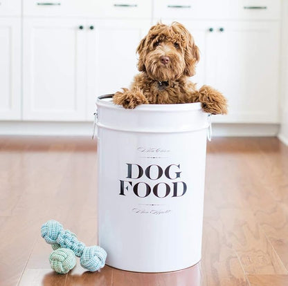 Harry Barker Bon Chien Dog Food Storage Canister – Small 3.5 gallons, Airtight Stainless Steel Pet Food Container, Stylish Kitchen Counter Dog Kibble Storage with Easy-Open Lid - White