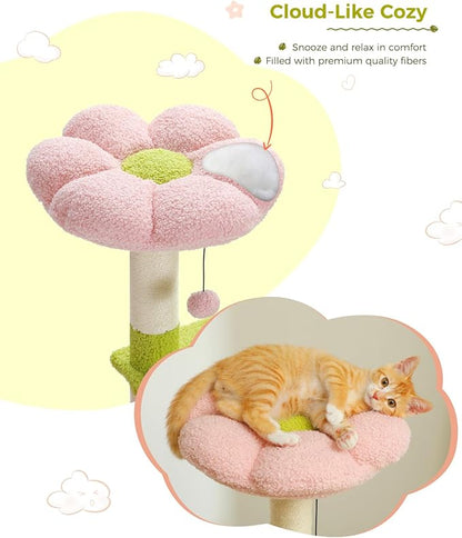 Flower Cat Tree 47.2" Multi-Level Cat Tower with Sisal Covered Scratching Posts, Cute Cat Condo for Indoor Small Medium Cats, Pink Top Perch, Fluffy Ball, Pink