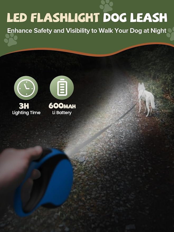 Retractable Dog Leash with Led Light, Douexio 16ft Rechargeable Walking Dog Leash for Small Medium Dogs Up to 66 lbs,360° Tangle-Free, One-Button Control, High Strength Hook