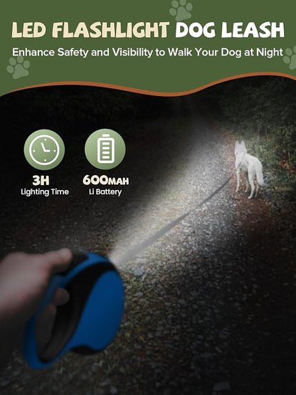 Retractable Dog Leash with Led Light, Douexio 16ft Rechargeable Walking Dog Leash for Small Medium Dogs Up to 66 lbs,360° Tangle-Free, One-Button Control, High Strength Hook