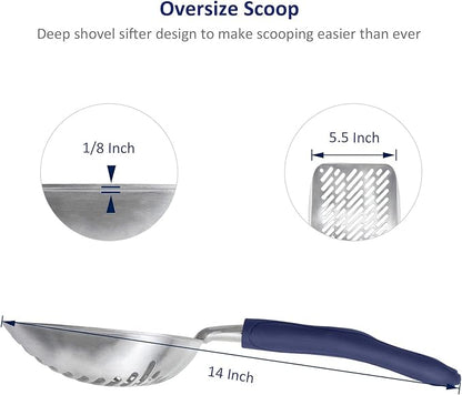 WePet Cat Litter Scoop, Aluminum Alloy Sifter, Kitty Metal Scooper, Deep Shovel with Diagonal Sifting Hole, Long Handle, Kitten Poop Lifter for Litter Box, Large Size, Blue Handle