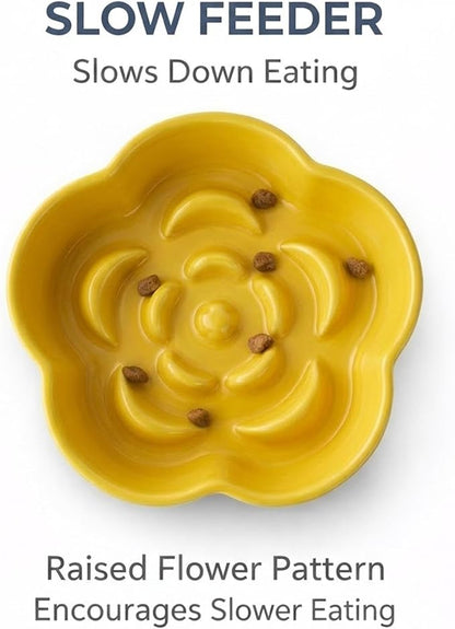 Ceramic Elevated Slow Feeder Cat Bowl, Raised and Gently Tilted Feeding Dish with Maze Design, Whisker-Friendly, Easy to Clean, for Indoor Cats and Small Dogs (Beige/Yellow)