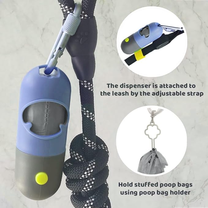 Dog Poop Bag Dispenser with Built-in LED Flashlight and Metal Clip for Leash, Pet Waste Bag Holder, Dog Walking Accessory (Purple)