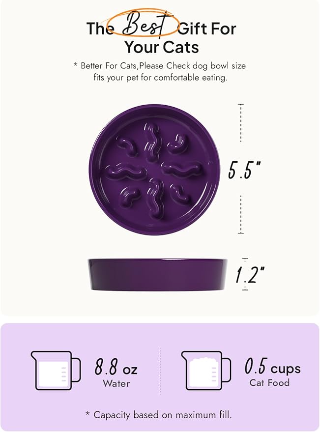 LE TAUCI PET Ceramic Slow Feeder Dog Bowls Small Breed, 0.5 Cups Dog Food Dish for Fast Eaters, Puzzle Bowl for Small Dogs and Cats, 5.5 Inch-Purple