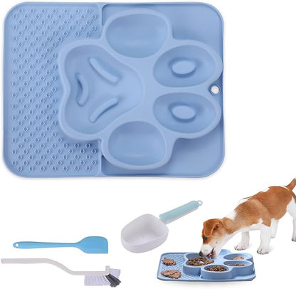 Silicone Slow Feeder Dog Bowls & Cat Bowls, 2 Cups Small Pet Food Bowl with Non-Slip Suction Base, Food-Grade Safe Puzzle Feeder for Small & Medium Dogs & Indoor Cats (Paw Lick Mat (Blue))