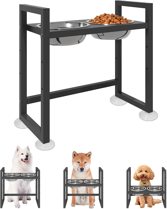 Elevated Dog Bowls Stand with 2 Stainless Steel Food & Water Bowls for Large Medium Small Dogs, Adjustable Raised Dog Bowl with Non-Slip Plastic Sucker for Pet,Black