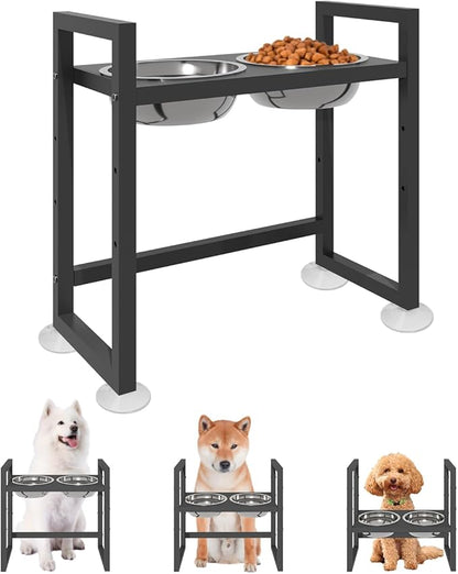 Elevated Dog Bowls Stand with 2 Stainless Steel Food & Water Bowls for Large Medium Small Dogs, Adjustable Raised Dog Bowl with Non-Slip Plastic Sucker for Pet,Black