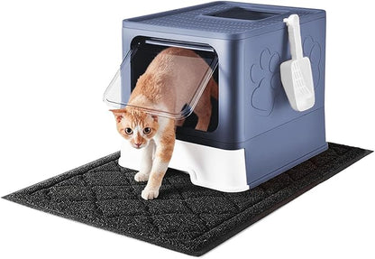 Cat Litter Box with X-Large Litter Mat and Scoop, Large Covered Litter Box with Lid, Enclosed Kitty Box,Front Top Entry Exit, Odor Control Easy to Clean (Upgrade Midnight)