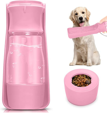 Dog Water Bottle with Food Container, Foldable Puppy Travel Water Dispenser Cup, Leak Proof Portable Dog Water Bowl Summer Accessories for Pet Outdoor Walking Hiking (Pink)