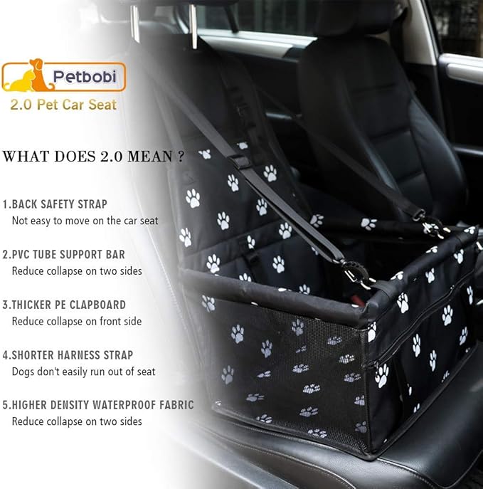 Petbobi Pet Reinforce Car Booster Seat for Dog Cat Portable and Breathable Bag with Seat Belt Dog Carrier Safety Stable for Travel Look Out,with Clip on Leash with PVC Tube (Foot)