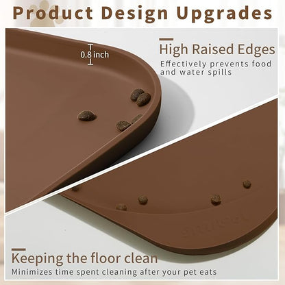 Silicone Pet Food Mat with Raised Edge for Food and Water Bowl, Dog Feeding Mats, Cat Food Trays for Floor Waterproof, Rubber Tray for Dogs and Cats, 22 x 14 x 0.8 Brown