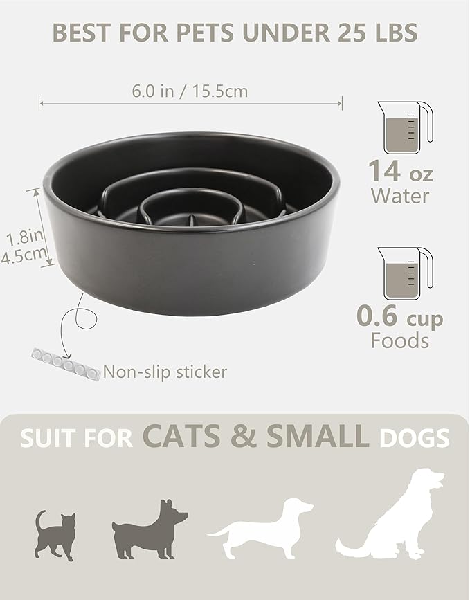 Ceramic Slow Feeder Dog Bowls, 0.6 Cup Slow Feeder for Small Dogs, Puzzle Maze Bowl, Prevents Choking, 6in, Black