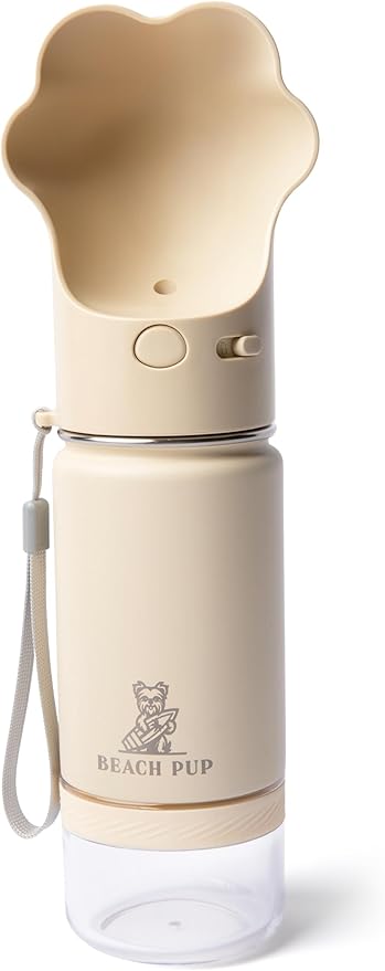 Dog Portable Water Bottle Stainless Steel 10 oz with Food Container - Pet Water Bottle - Cream Portable Dog Water Dispenser with Bowl and Container