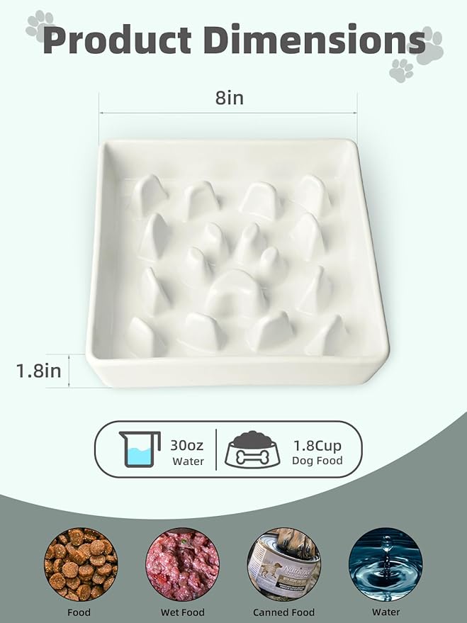 Ceramic Slow Feeder Dog Bowl, 1.8 Cup Fun Pet Food Dish for Small & Medium Breeds to Slow Down Eating, Anti-Gulping, Stop Bloat, Preventing Choking (White)