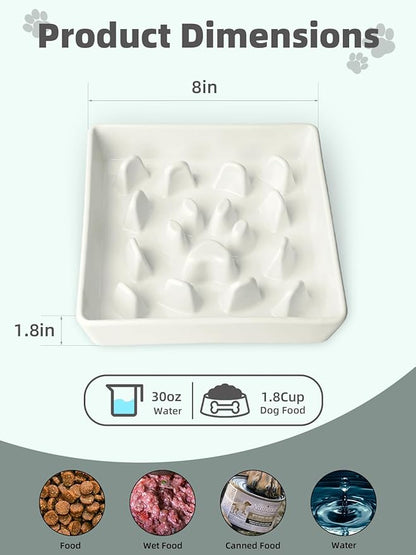 Ceramic Slow Feeder Dog Bowl, 1.8 Cup Fun Pet Food Dish for Small & Medium Breeds to Slow Down Eating, Anti-Gulping, Stop Bloat, Preventing Choking (White)