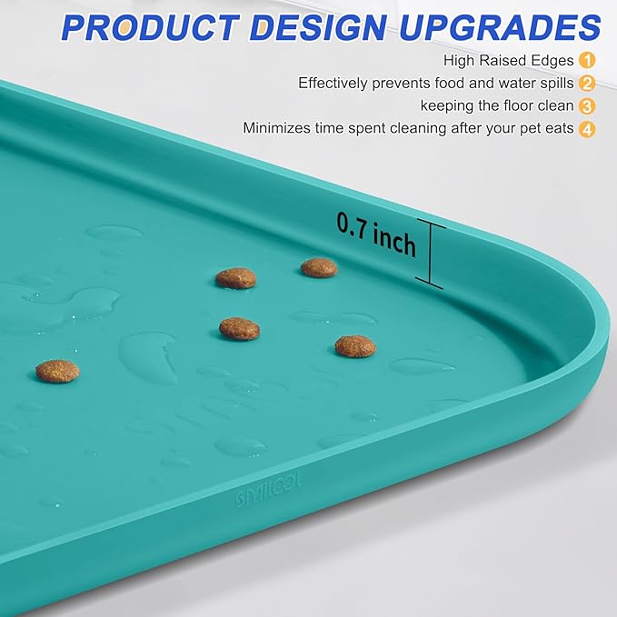 Silicone Pet Feeding Mat with Raised Edge for Food and Water, Dog Bowl Mats, Cat Bowls Placemat with High Lip for Floor Waterproof, Rubber Tray for Cats and Dogs 19 x 12 x0.7 Dark Turquoise