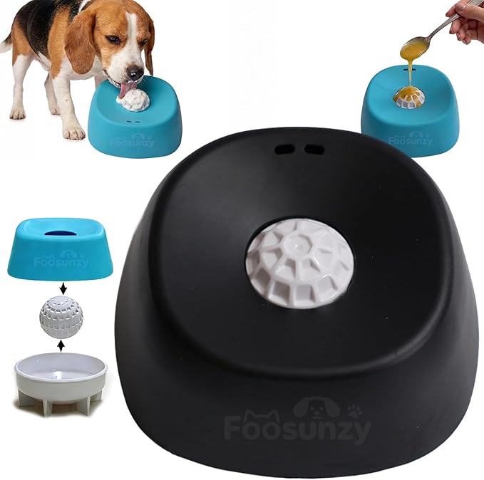Slow Feeder Dog Lick Bowl with Rolling Ball Interactive Liquid Licking Bowl Upgraded Silicone Anti-Slip Spill Proof for Wet Food, Water & Treats Lick Toy Pet Gift for Dogs Cats (Black)