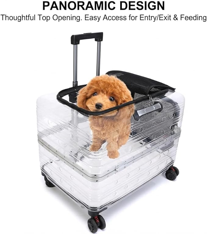 Large Capacity Transparent Pet Carrier with Wheels, Airline Approved Rolling Pet Travel Crate for Dogs & Cats, Portable Hard Shell Pet Luggage (Black)