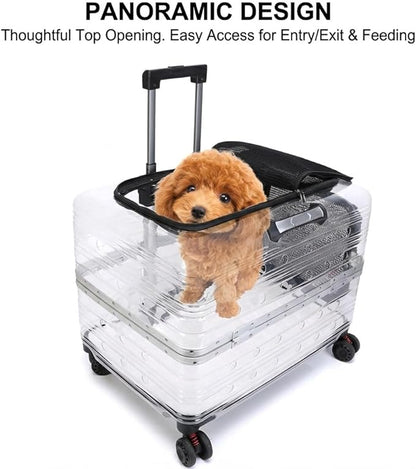 Large Capacity Transparent Pet Carrier with Wheels, Airline Approved Rolling Pet Travel Crate for Dogs & Cats, Portable Hard Shell Pet Luggage (Black)