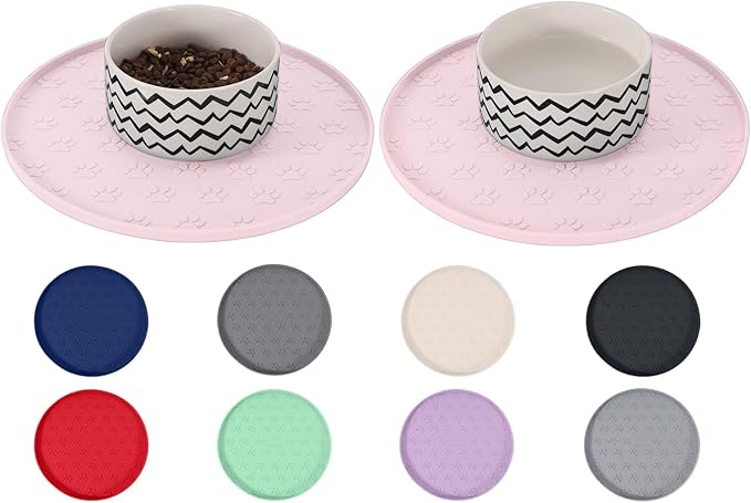Comtim Waterproof Dog Food Mat - 2 Pack Silicone Pet Food Mat Dog Food Bowl Mats Cat Water Mats Eating Tray, Non-Slip Pet Placemat with Lip for Messy Drinkers to Protect Floor,Pink 11"×11"