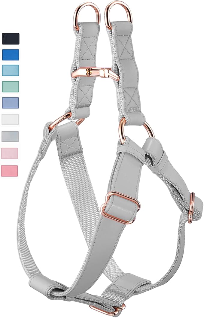 Soft Leather No Pull Dog Harness - Adjustable Step in Dog Harness with Rose Gold Heavy Duty Metal Buckle, Freedom Nylon Dog Halter Vests for Small Medium Large Dogs Easy Walking Training XS, Grey