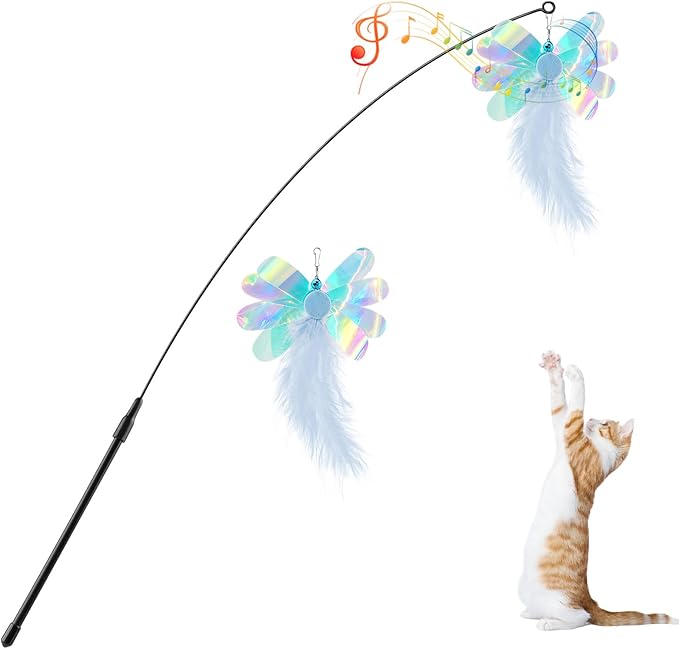 Pawaboo Feather Teaser Cat Toy, Interactive Feather Wand Cats Toy Flying Feathers Cat Catcher with Extra Long 34.5" Wand and Small Bell, Exerciser Playing Toys for Kitten or Cats, Blue Butterfly