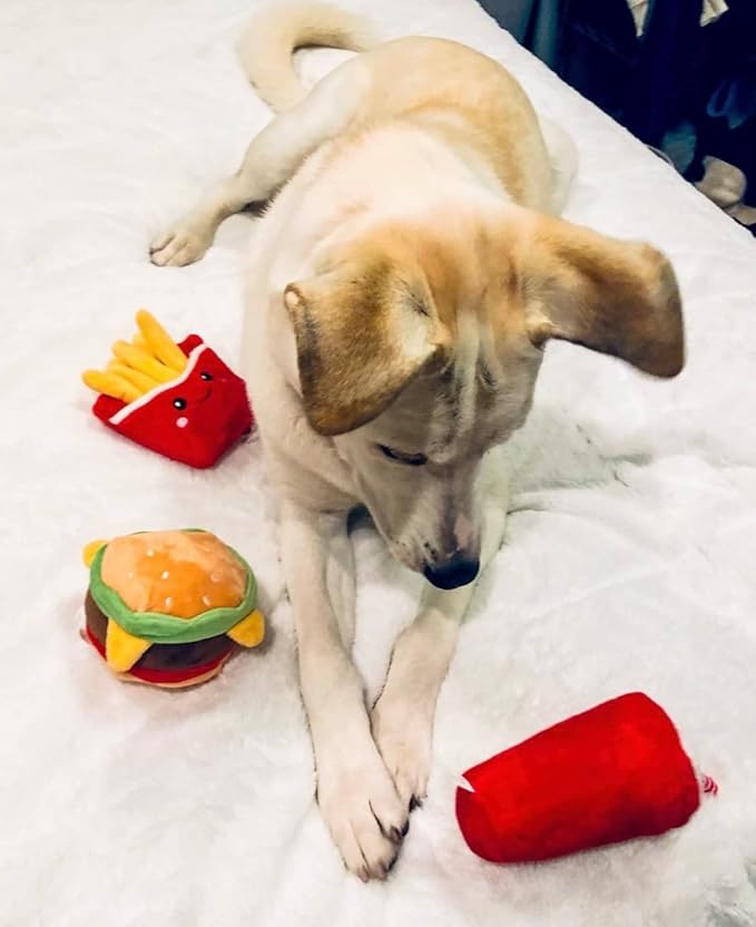 Glow Pups Hamburger Dog Toy with Squeaker, Fun Food Parody Plush Toy, Easy to Clean, Promotes Mental Stimulation, 4.5 x 3.5 inches, Peach