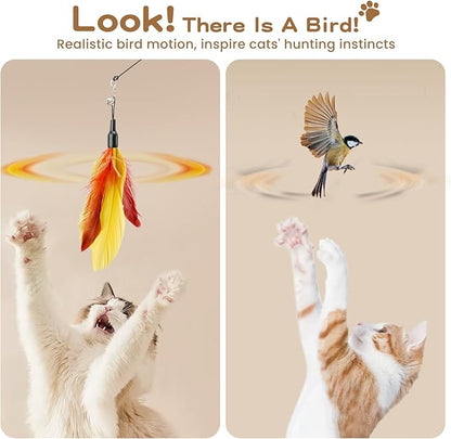 Pawaboo Feather Teaser Cat Toy, Interactive Wands Cats Toy Flying Feathers Cat Catcher with Extra Long 34.5" Wand and Small Bell, Playing Toys, 1 Wand + 6 Feathers, Multi-Color Feather Blend