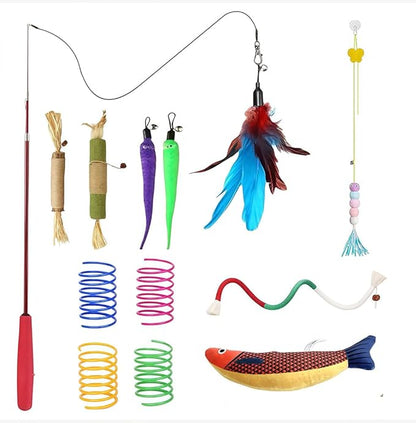 Cat Toys for Indoor Cats 12 Pack, Interactive Kitten Toy Set with Retractable Wand, Feather Refill, Door Hanging Toy & Silvervine Sticks, Self Play Cat Toys for Bored Cats Exercise & Hunting Instinct