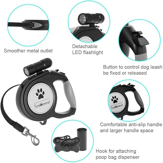 SCENEREAL Heavy Duty Retractable Dog Leash 26 FT with LED Flash Light & Poop Bag Dispenser for up to 110 LB Small Medium Large Dogs Outdoor Walking & Training