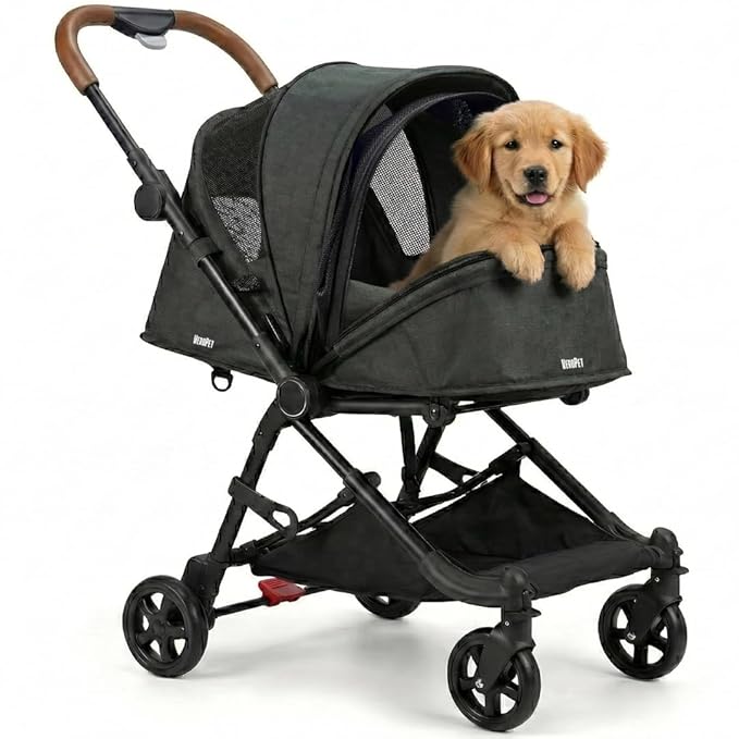 Pet Stroller for Small & Medium Dogs & Cats Lightweight Foldable Travel Stroller with Smooth 4-Wheel Ride, Breathable Mesh, Storage Basket & Aluminum Frame Comfortable & Easy to Maneuver