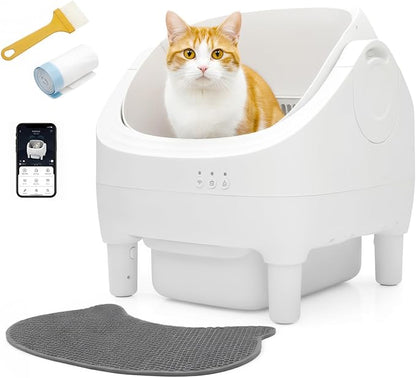 Open-Top Automatic Cat Litter Box - Self-Cleaning with Smart Gravity Sensor, Health Tracking & Waste Management for Multi-Cat Homes