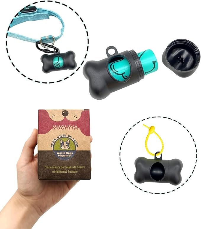 Dog Poop Pickup Bags Holder Dispenser with Standard-Sized Leak-Proof Scented Doggy Waste Bags and Carabiner with Safety Lock&Fastener Never Loose on Leash Lead Again (1 Holder 195 Bags, Black)