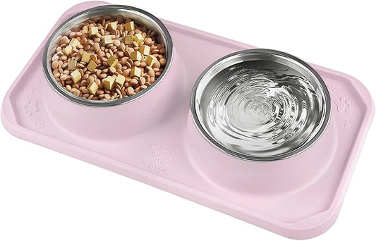 Cat Bowls for Food and Water,Premium Removable Stainless Steel Double Bowls with Non-Slip Bottom & Elevated Stand for Pet and Small Dogs,Upgrade Non-Spill Cat Food Bowls (Light Pink)