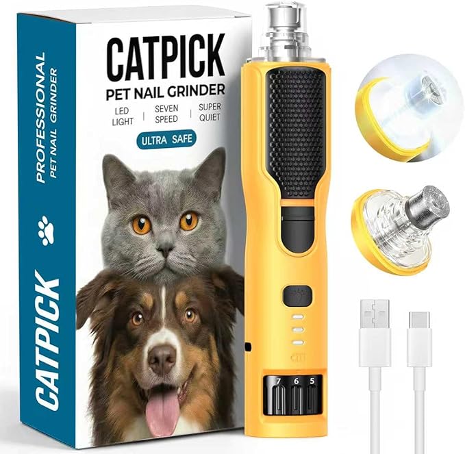 7-Speed Dog & Cat Nail Grinder with Light - Ring LED Safe to Avoid Overcut, Quiet Low Vibration & Powerful Fast, Cordless Rechargeable Toenail Trimmer for Small & Large Puppy & Breeds Paws(Orange)