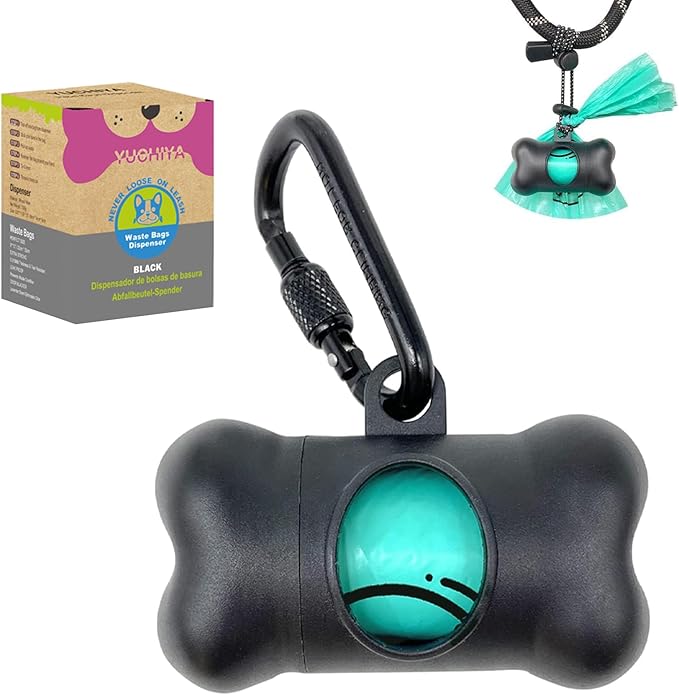 Dog Poop Pickup Bags Holder Dispenser with Standard-Sized Leak-Proof Scented Doggy Waste Bags and Carabiner with Safety Lock&Fastener Never Loose on Leash Lead Again (1 Holder 15 Bags, Black)