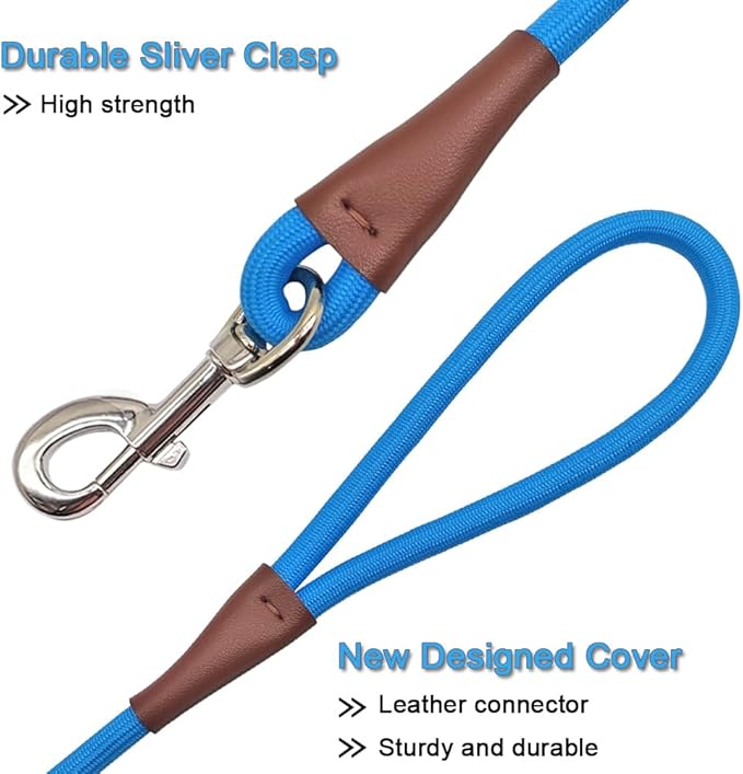 MayPaw 4/6 /8/10 FT Dog Leash, Classic Solid Colors, Strong Nylon Rope Dog Leash Reinforced with Leather Tailor Connection Heavy Duty Silver Clasp (10ft*1/2", Blue)