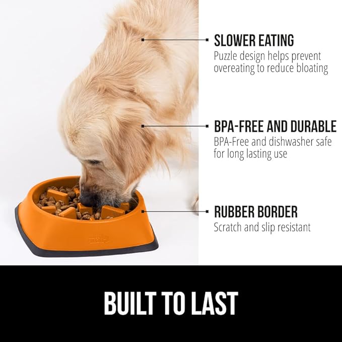 GORILLA GRIP Patented BPA Free Slow Feeder Dog Bowls, Interactive Puzzle Toy for Dogs and Cats Food Training Enrichment, Keeps Pets Busy and Prevents Puppy Overeating, All Breeds, 2 Cup, Orange