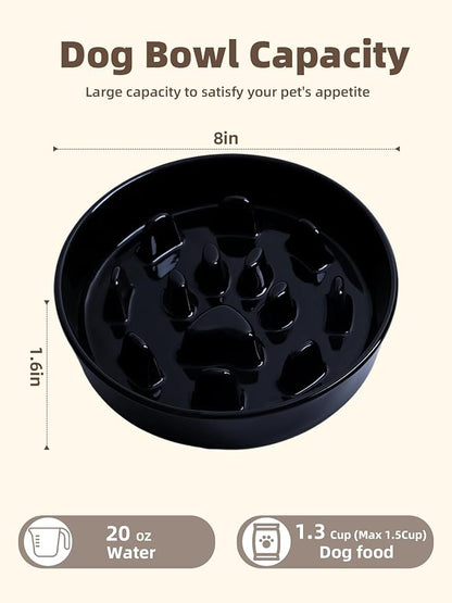 Dog Slow Feeder Bowl, Round Ceramic Pet Food Bowl for Medium Breed, Fun Raised Dog Bowls to Slow Down Eating (Black)