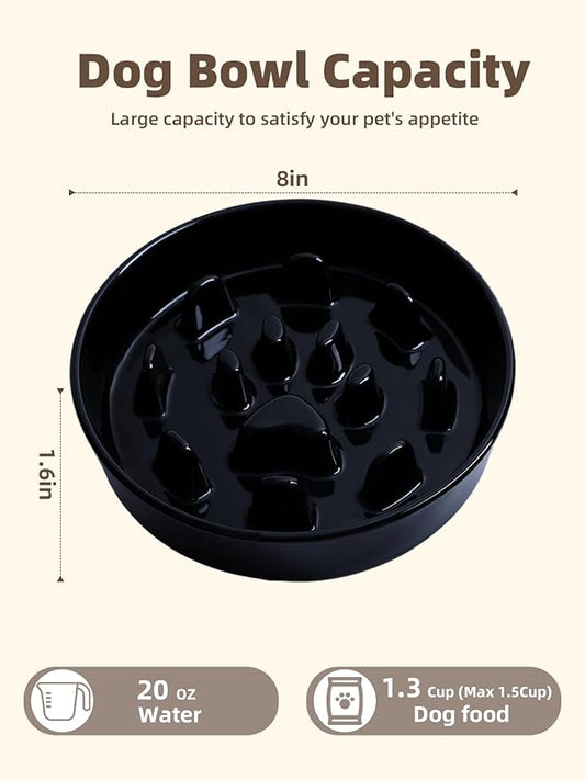 Dog Slow Feeder Bowl, Round Ceramic Pet Food Bowl for Medium Breed, Fun Raised Dog Bowls to Slow Down Eating (Black)