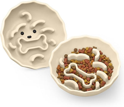 Slow Feeder Dog Bowls Made of Premium Food-Grade Silicone, Anti-Choking & Slow Eating for Improved Digestion, Non-Slip, Soft & Durable (Ivory, Doggy)