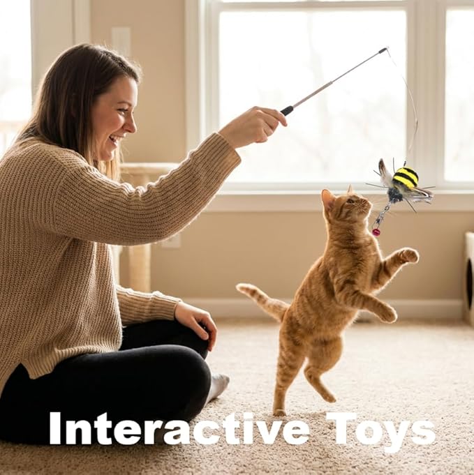 Cat Insect Feather Toys Replacement - 2 Pcs Handmade Natural Bees - Cat Toy Wand Refills - Interactive Kitten Teaser Wand Attachments - Cat Toys for Indoor Cats Play