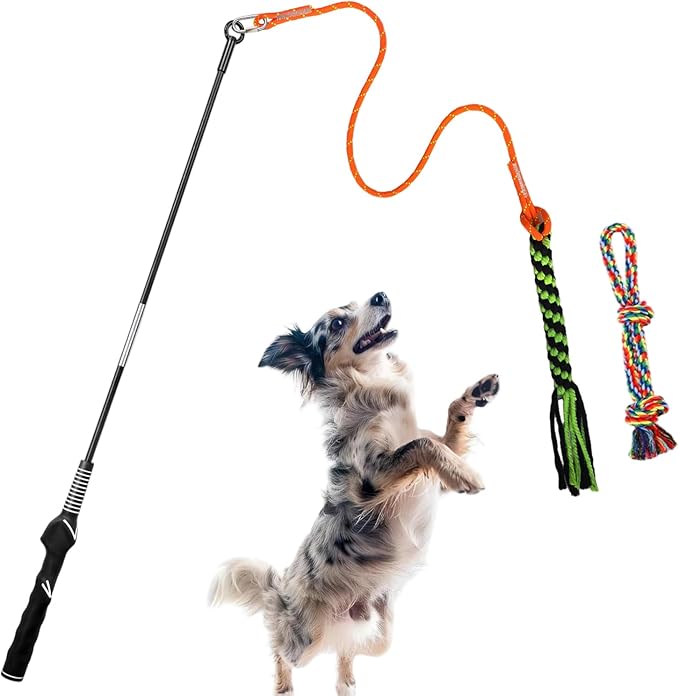 Flirt Pole for Dogs, Interactive Dog Teaser Toy to Tug of War Outdoor Exercise & Training, Durable Teaser Wand with Lure Rope Chewing Tail Chasing Toy